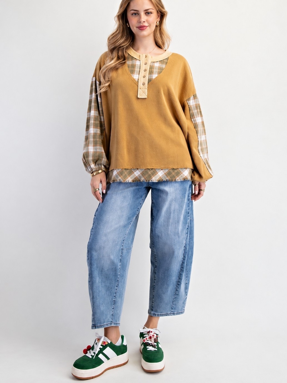 Easel Martini Olive and Plaid Oversized Henley Top – S/M/L NWT